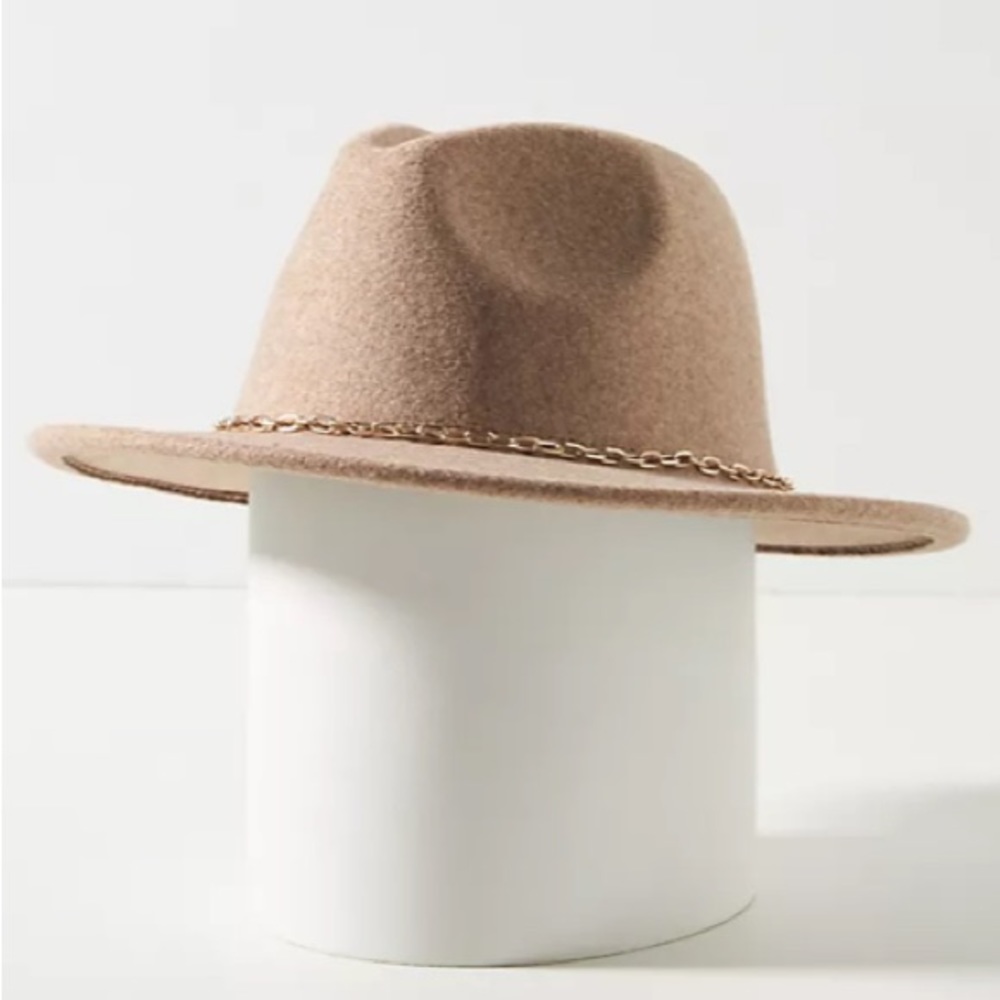 Anthropologie Wool Gold Tone Chain Link Trimmed Fedora Hat New With Tag